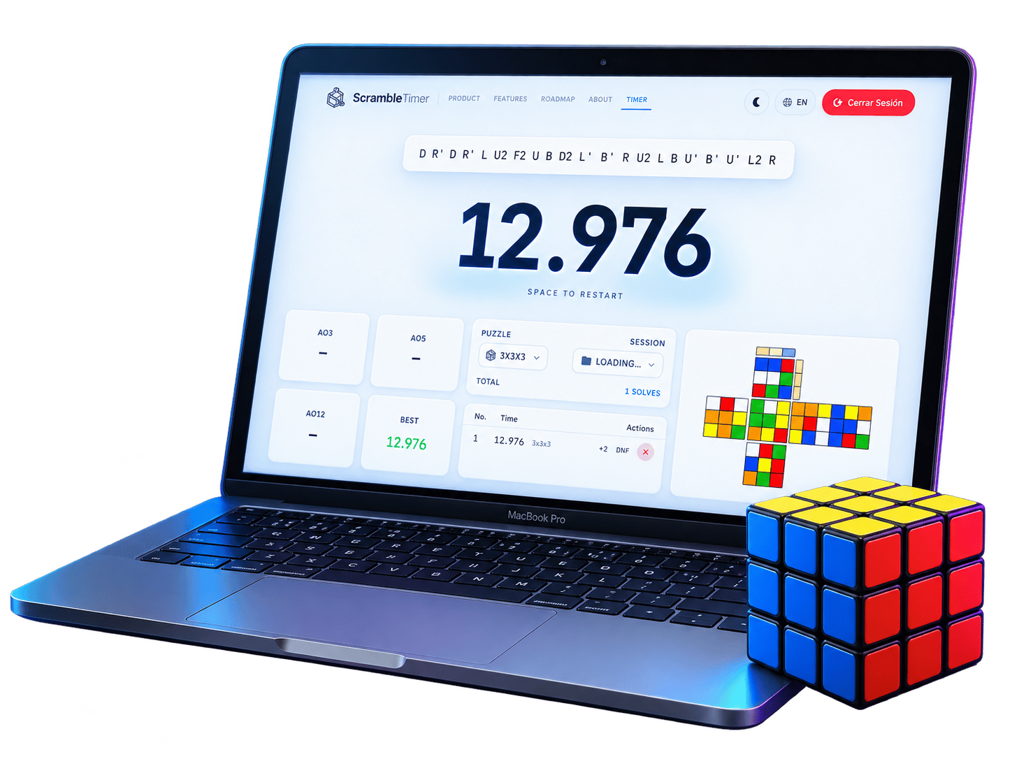 ScrambleTimer running on a MacBook with a 3×3 speed cube